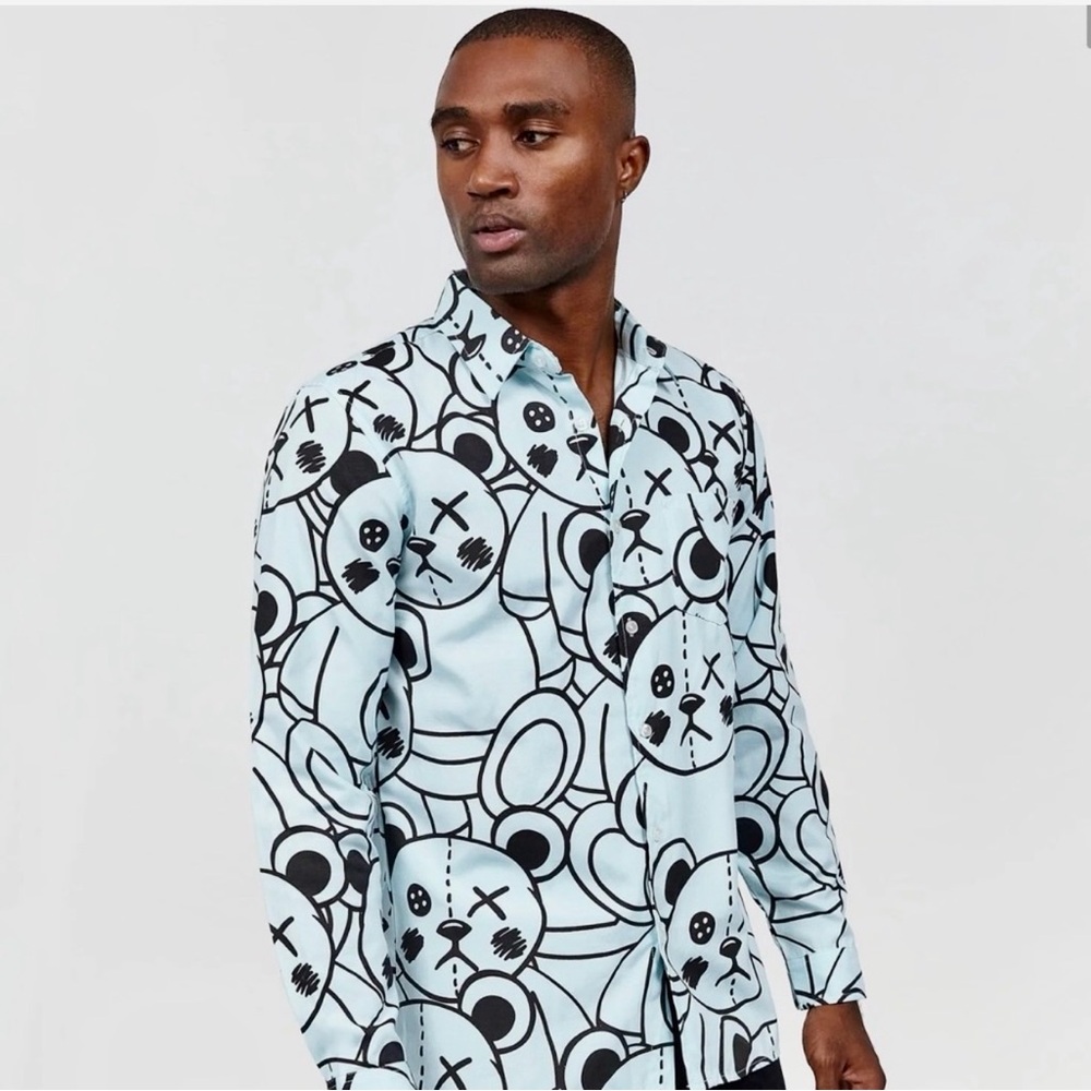 Men's Light Blue Graphic Bear Print Long-Sleeve Shirt